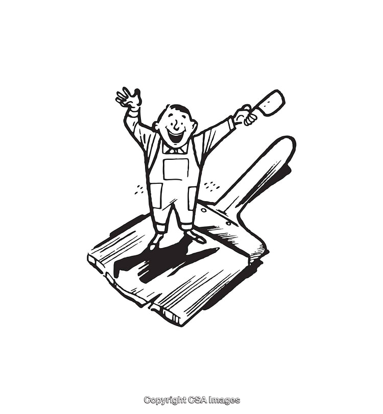 Vintage Line Art Illustration of a Painter Standing on a Paintbrush
