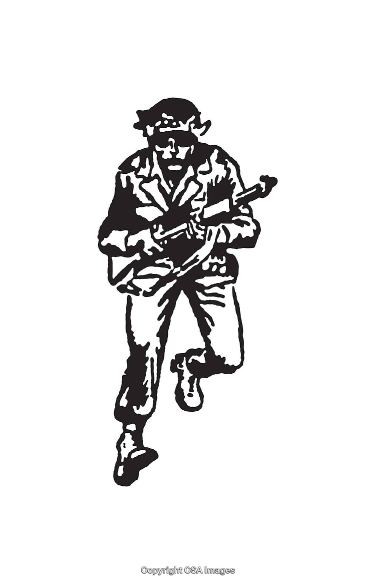 Black and White Line Art of Armed Soldier in Action