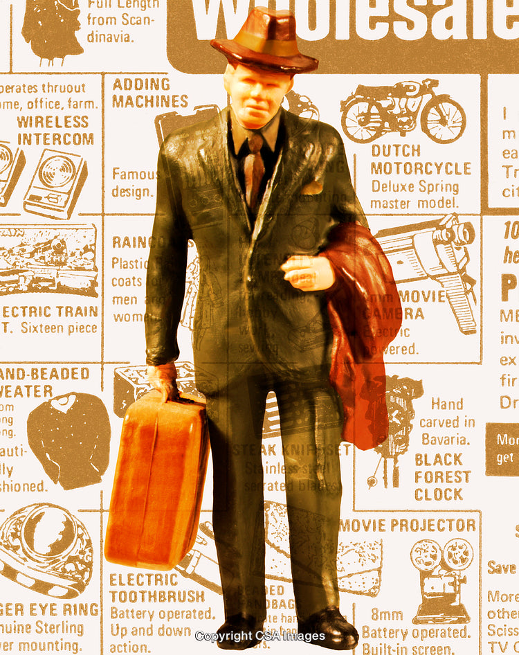 Retro Plastic Figure of Businessman Against Vintage Ad Background