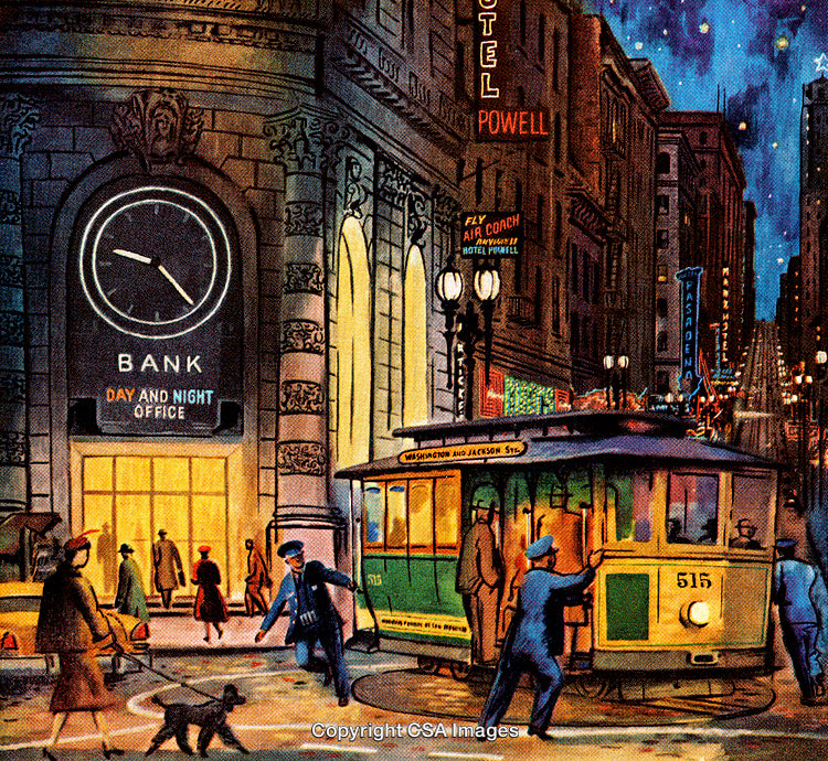 Vintage City Street Scene at Night with People and Tram