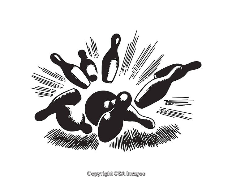 Classic Bowling Line Art with Pins and Ball in Striking Motion