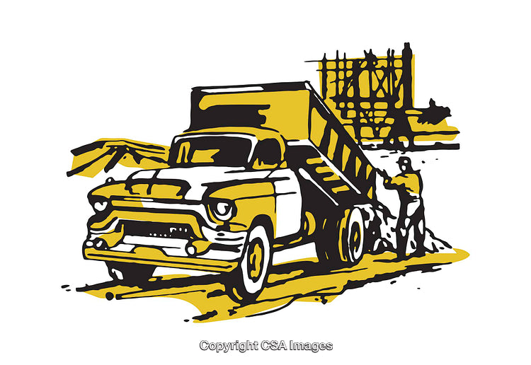 Vintage Illustration of a Truck Unloading Cargo at a Construction Site