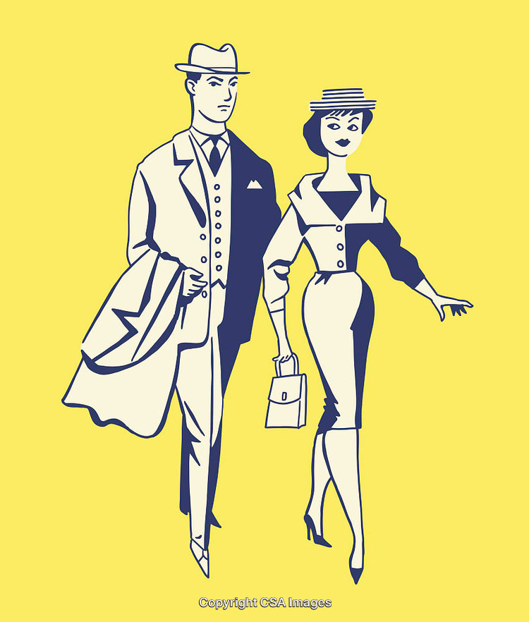 Elegant Vintage Couple in Stylish Attire Strolling on Yellow Background