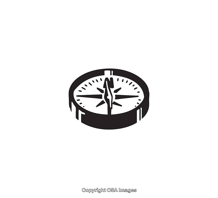 Black and White Compass Illustration with Directional Symbols and Fine Details
