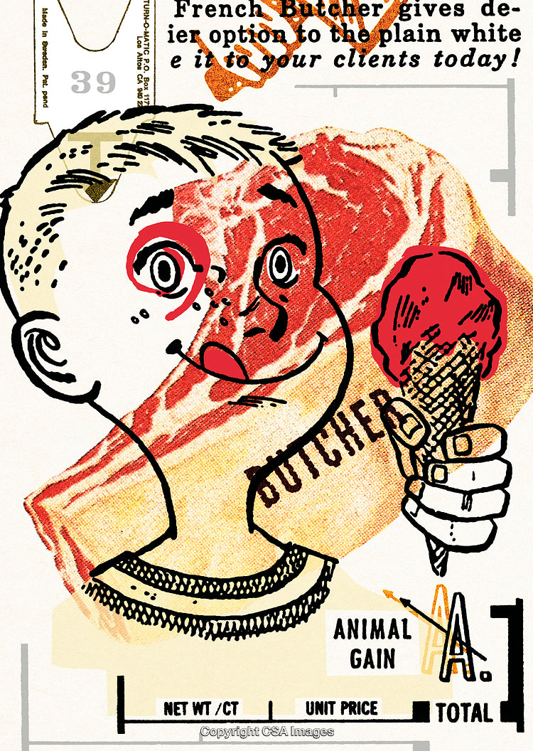 Creative Illustrated Collage Featuring a Child and Meat Art Elements