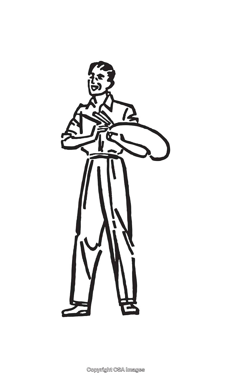 Retro Black and White Line Art of a Man Holding an Object