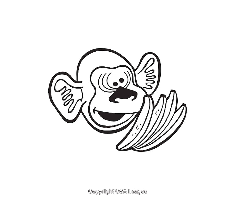 Playful Monkey Holding Banana in Black and White Line Art Illustration