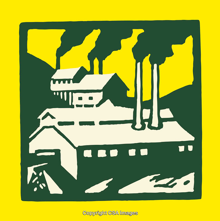 Simplistic Illustration of a Factory Scene with Smoke and Yellow Background