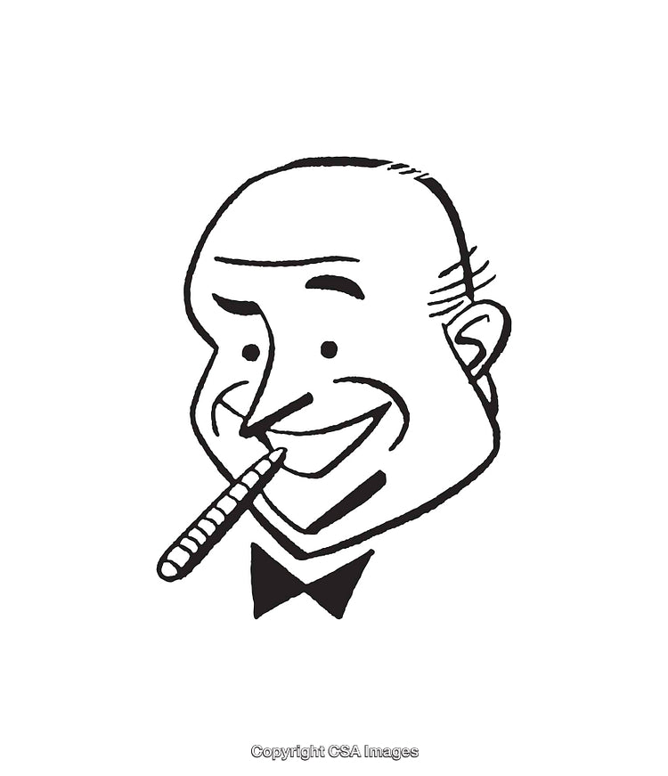 Vintage Line Art Illustration of Smiling Man Smoking a Cigar