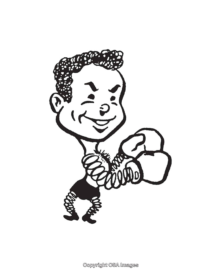 Black and White Cartoon Boxer with Spring-Like Arms