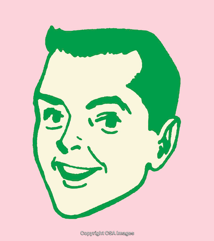Retro-Style Green and Pink Line Art Smiling Male Portrait Illustration