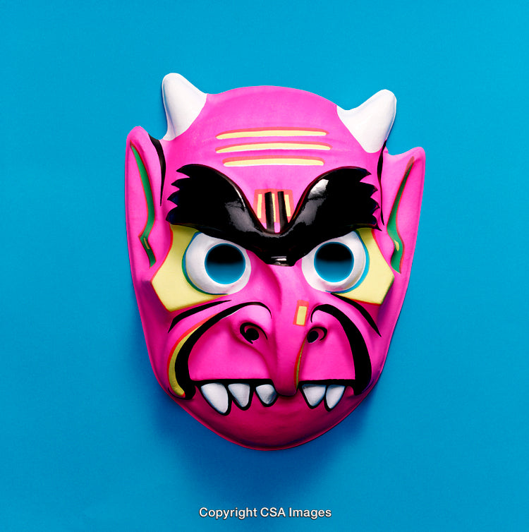 Vibrant Pink Devil Mask on Bright Blue Background