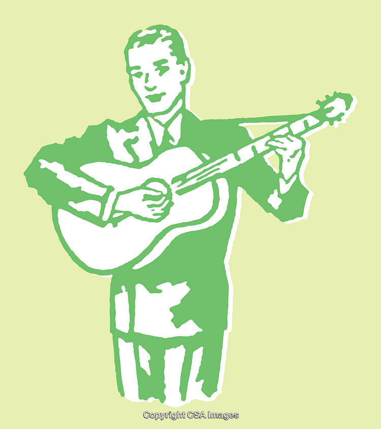 Vintage Illustration of a Guitar Player in Green and Yellow Tones