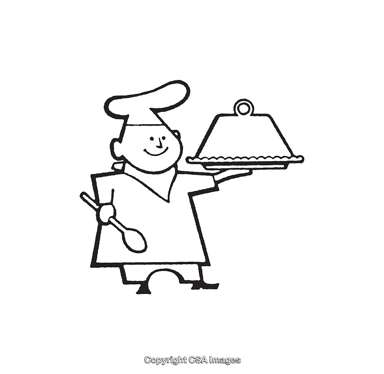 Black And White Line Art Of A Chef Holding A Covered Dish