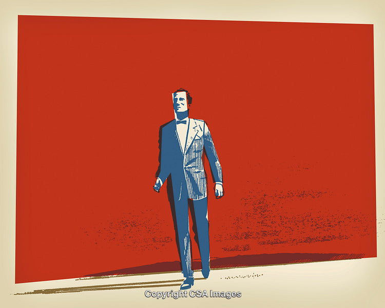 Businessman Walking In Front of a Red Background