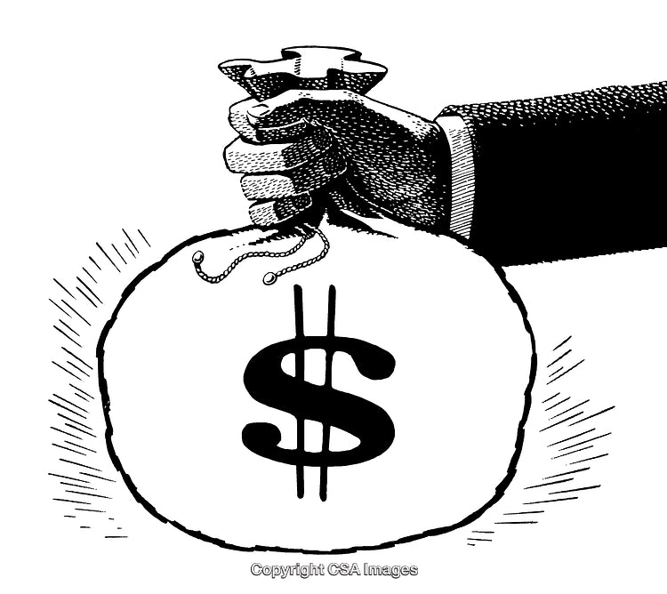 Black And White Engraving Depicting Hand Holding Money Bag with Dollar Symbol