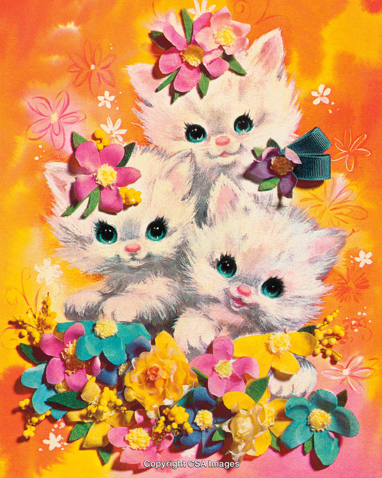 Cute Illustrated Kittens Adorned With Colorful Floral Decorations on Bright Background