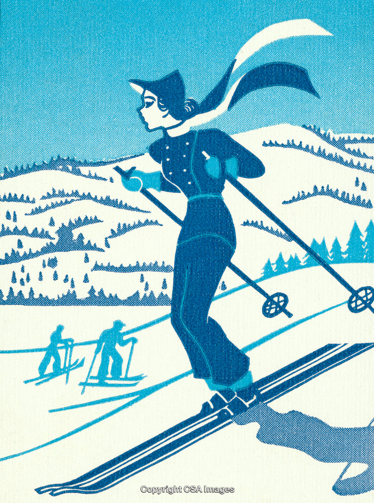 Vintage Illustration of Winter Skiing in Stylish Winter Attire