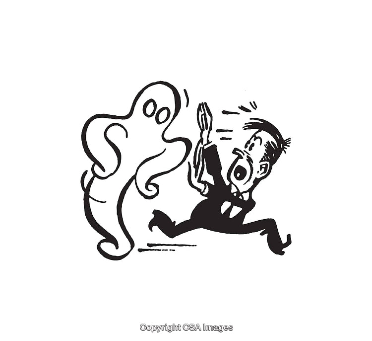 Black and White Illustration of a Man Running from a Ghost
