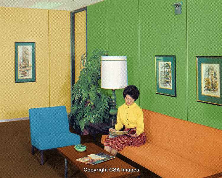 Retro 1960s Office Lounge With Colorful Furniture and Decorations