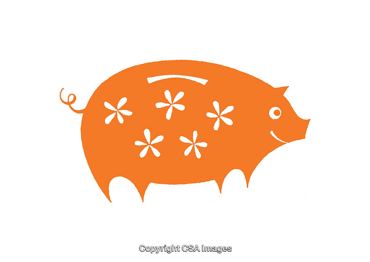 Orange Piggy Bank Icon with Floral Design Elements on White Background