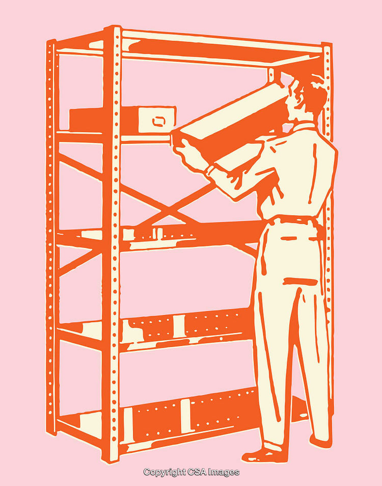 Retro Style Illustration of Individual Organizing on Metal Shelving Unit