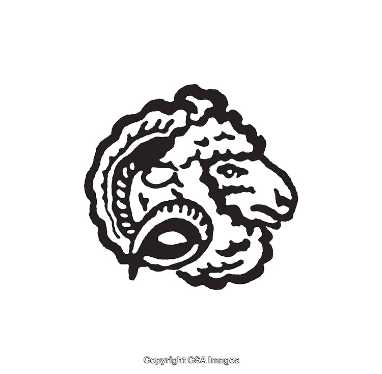 Intricate Black and White Line Art Featuring Ram with Curved Horns