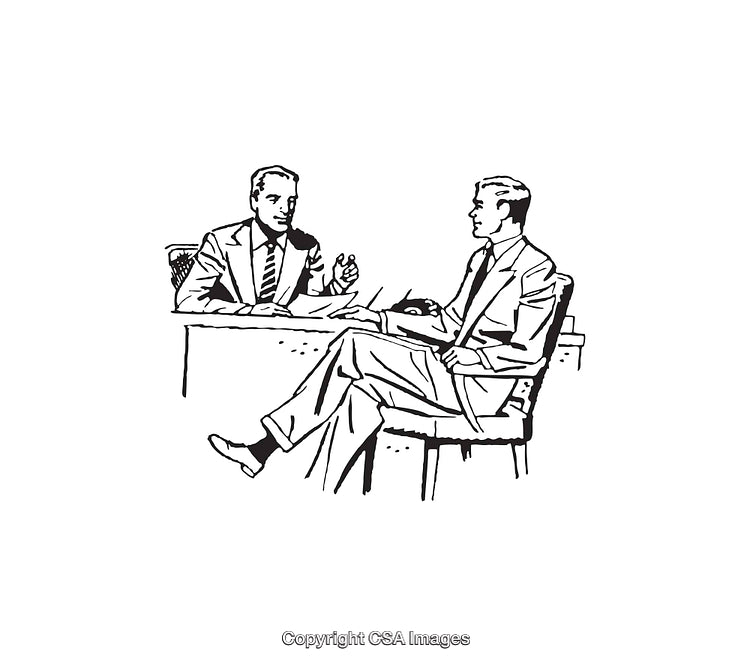 Two Professionals Engaged in Office Discussion Captioned in Line Art Style