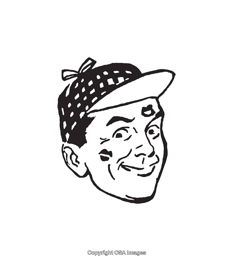 Vintage Black And White Line Art Illustration of Smiling Face in Cap