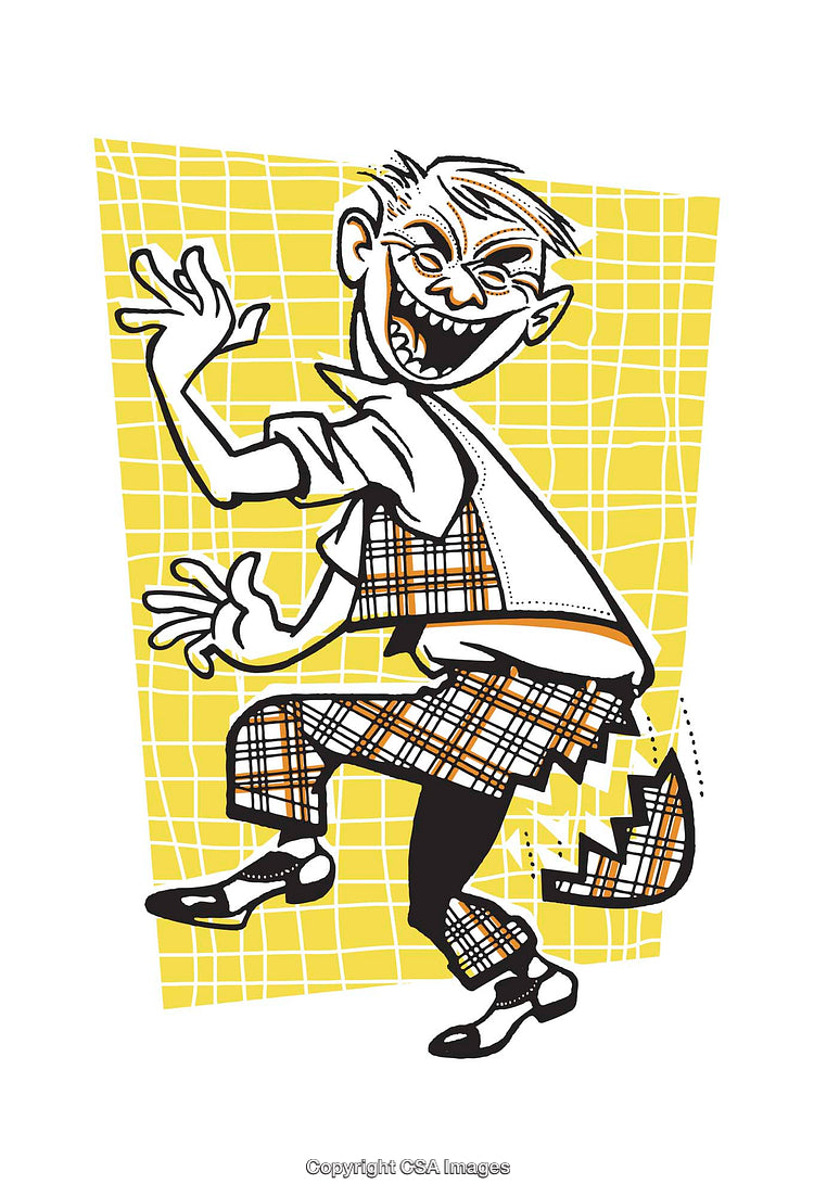 Retro Illustration of Mischievous Character in Plaid Clothing and Energetic Pose
