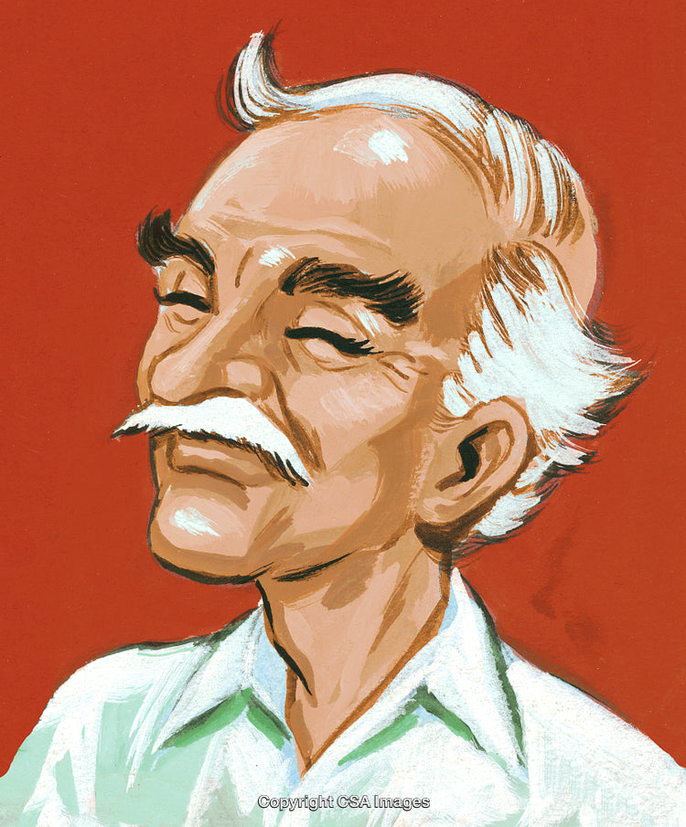 Stylized Portrait of a Content Elderly Man on Bold Red Background