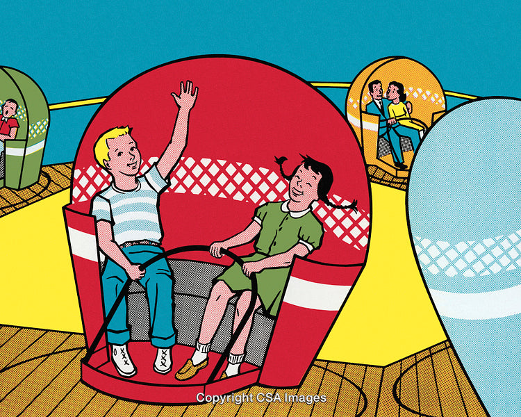 Children Enjoying a Carousel Ride at an Amusement Park in Retro Style
