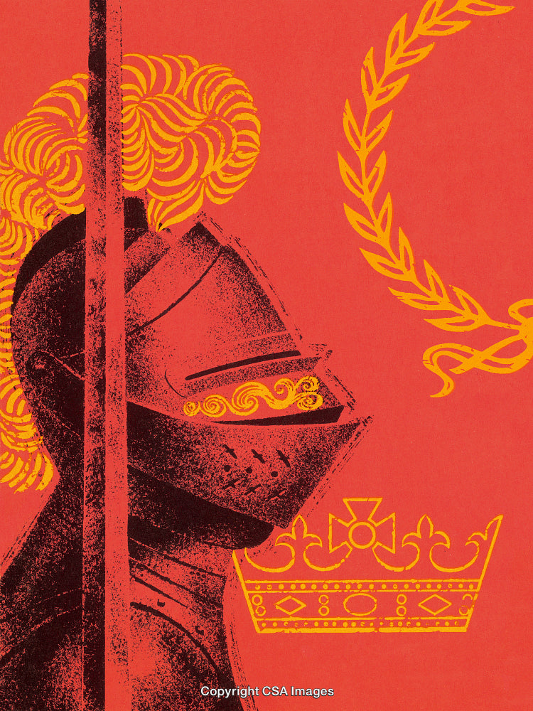 Illustration of a Knight's Helmet with Crown and Laurel on Red Background