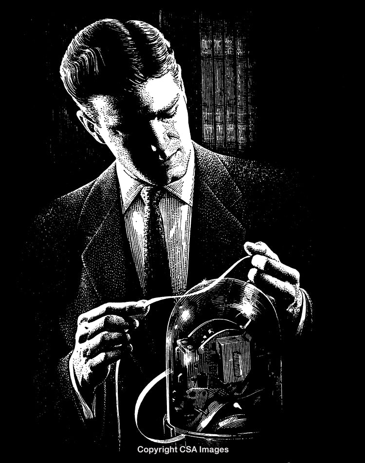 Detailed Black and White Engraving of a Man Examining a Device