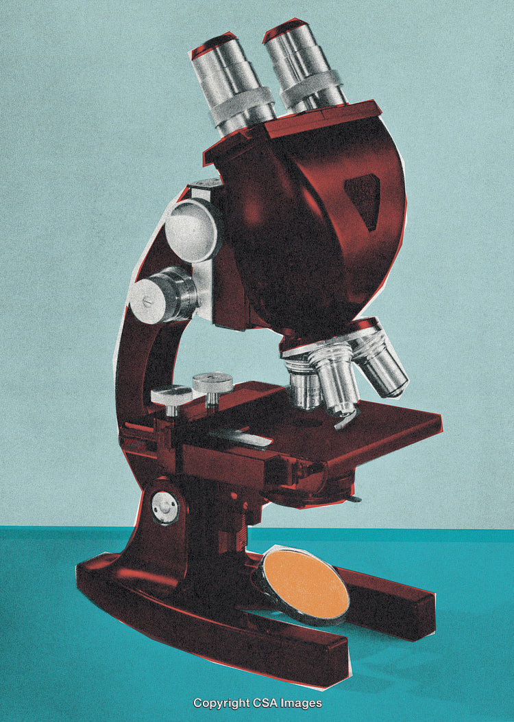 Stylized Red Microscope with Vintage Print Media Aesthetic