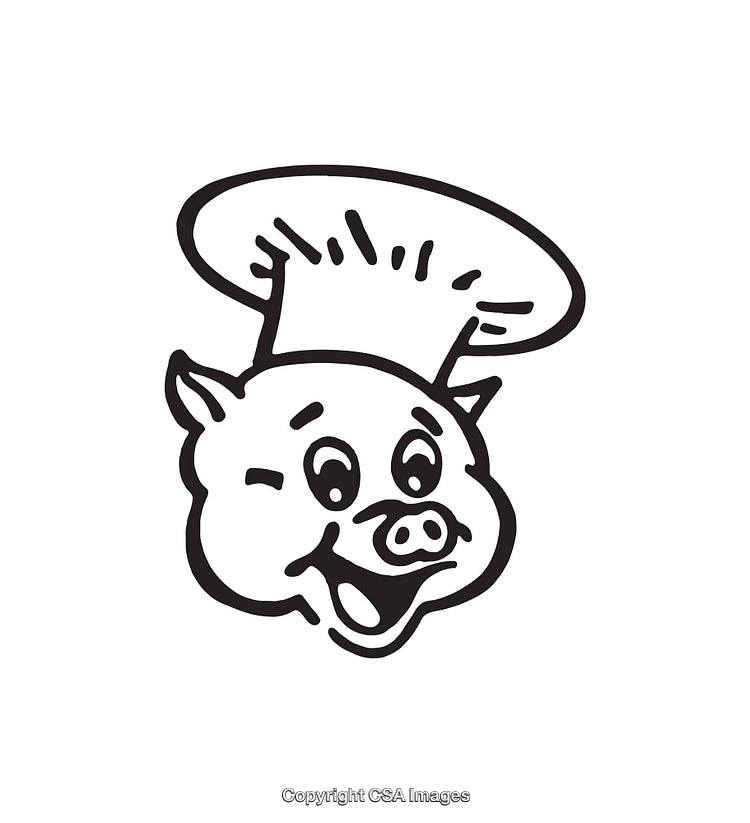 Black and White Line Art Drawing of a Chef Pig with a Happy Expression