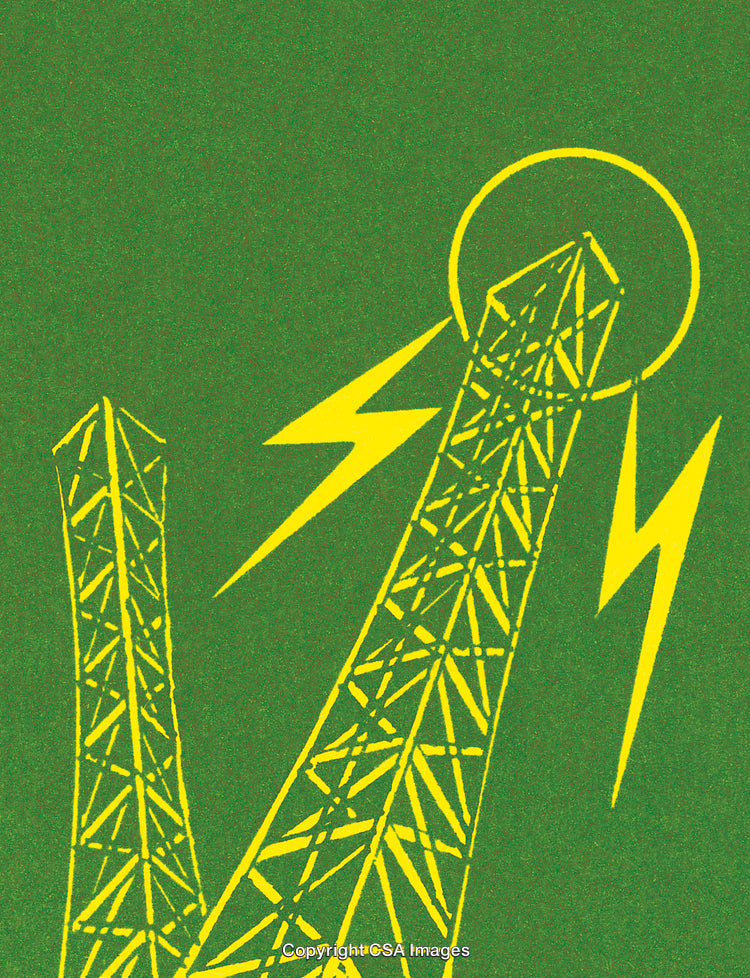 Yellow Radiant Towers with Lightning Bolts on Green Background