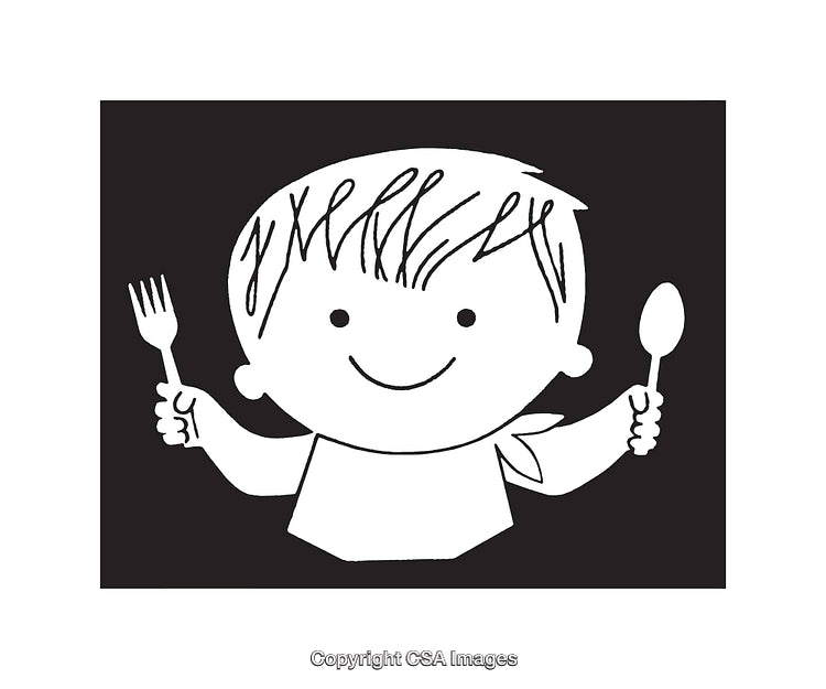 Cheerful Child Holding a Fork and Spoon in Black and White Artwork