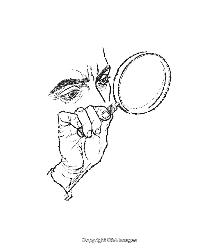 Black and White Line Art of Man Holding a Magnifying Glass