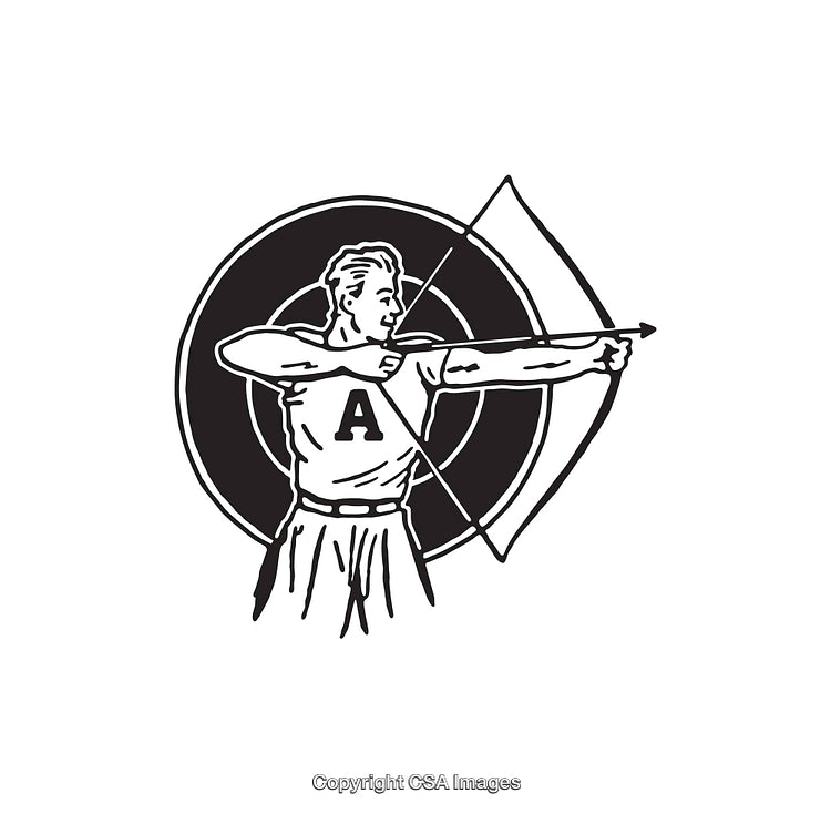 Black and White Archery Illustration Featuring Target and Archer Aiming