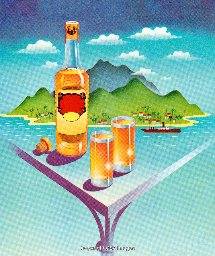Tropical Beverage Scene with Bottle and Glasses on Island Background
