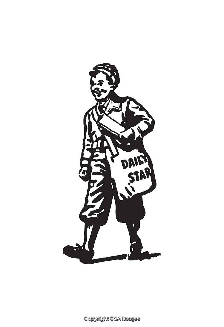 Vintage Newsboy Illustration with a 'Daily Star' Newspaper Bag