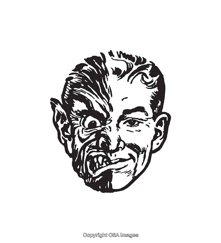 Black and White Illustration of Dual-Faced Character Representation