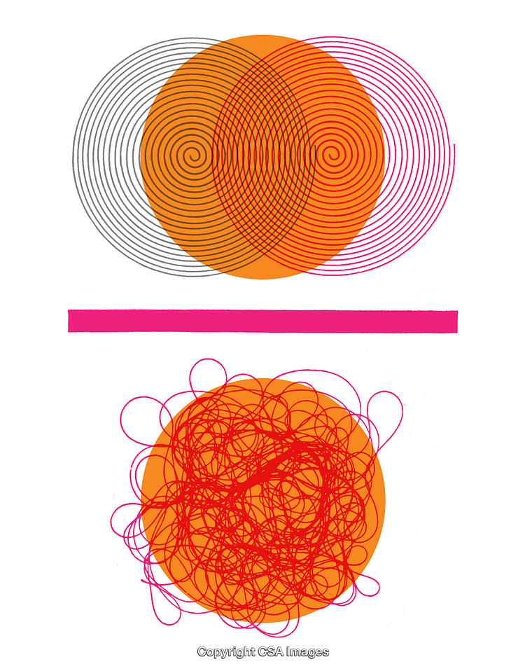 Abstract Geometric Art with Spiral Overlays and Overlapping Orange and Pink Shapes