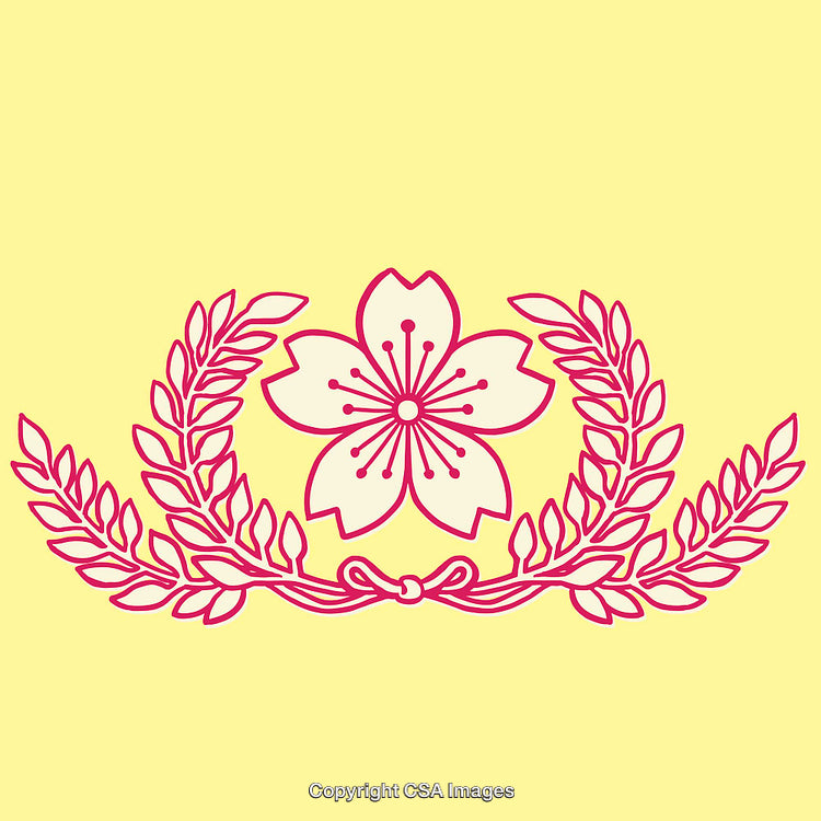 Decorative Pink Floral Design Featuring Wreath and Blossom on Yellow Background