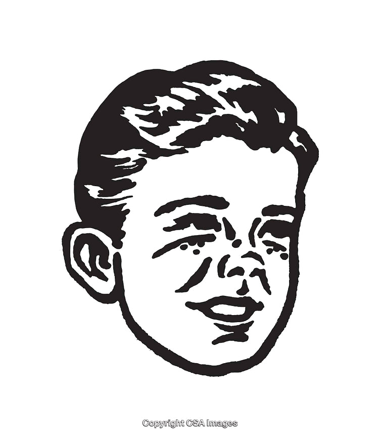 Black and White Line Art Illustration of a Smiling Boy's Face