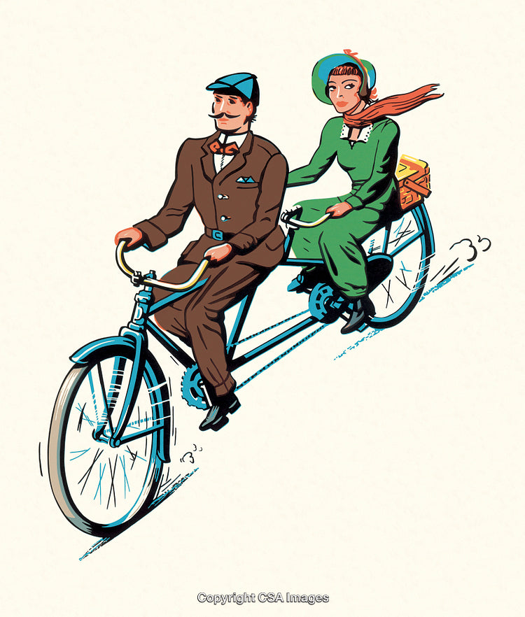 Retro Illustration of Couple Riding Tandem Bike in Elegant Vintage Clothing