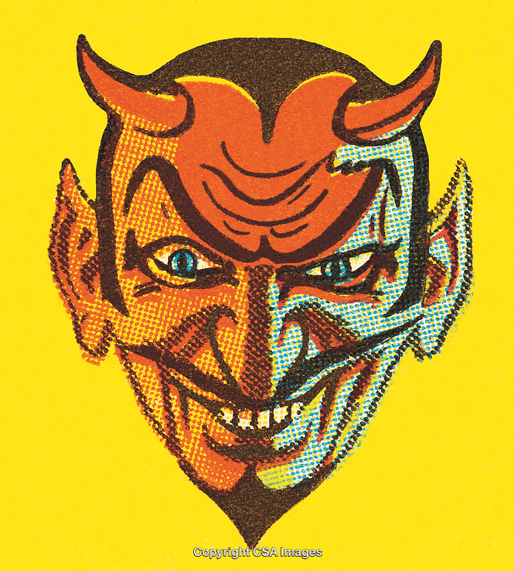 Vintage Comic Illustration of a Devilish Grinning Face on Bright Yellow Background