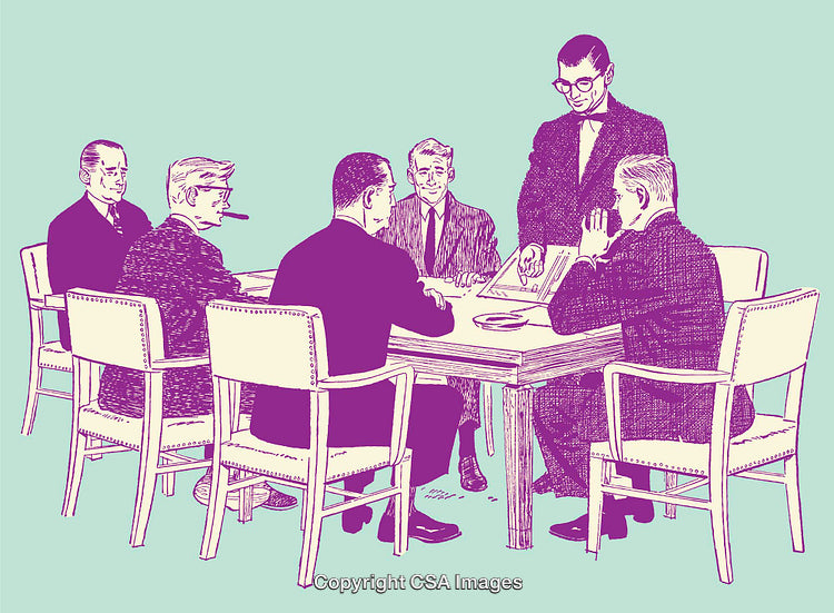 Retro Business Meeting Scene with Executives in Discussion