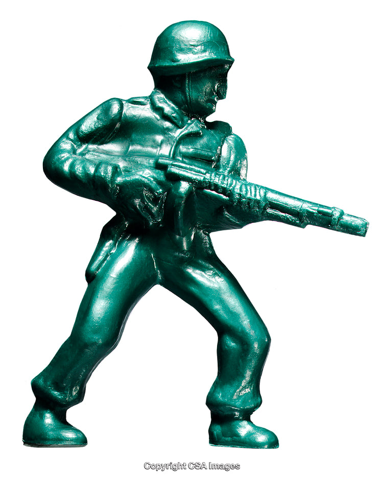 Green Plastic Toy Soldier Figurine Posed with Gun Isolated on White Background